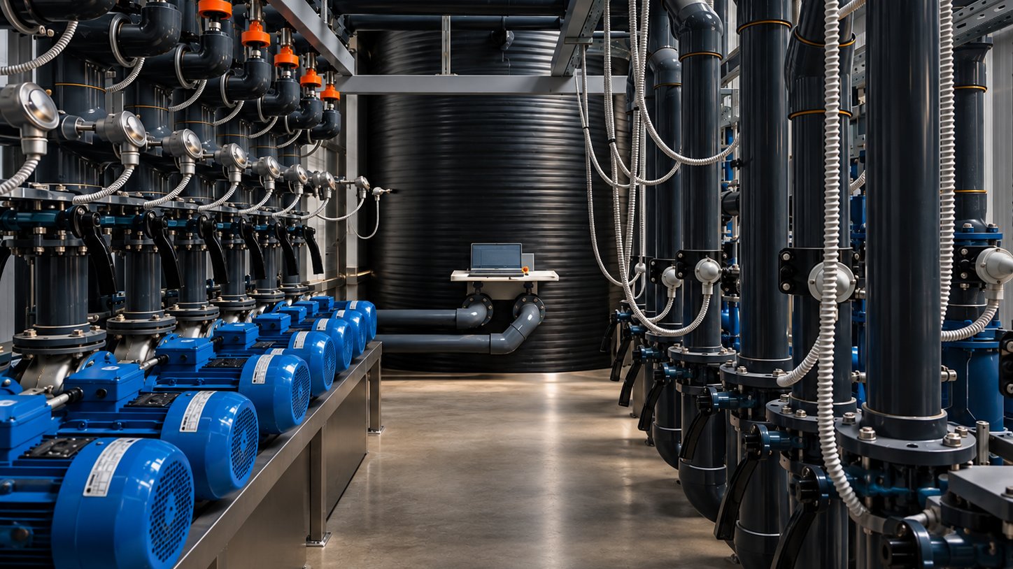 Črpalni sistem z elektromotorji, cevovodi in kabelskimi vodi v industrijskem prostoru